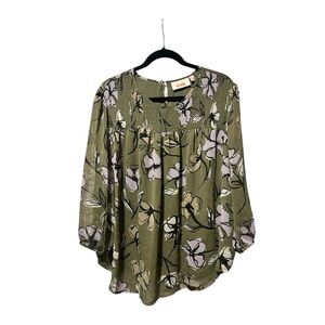 EVRI Olive Floral Smocked Yoke Peasant Blouse 1X